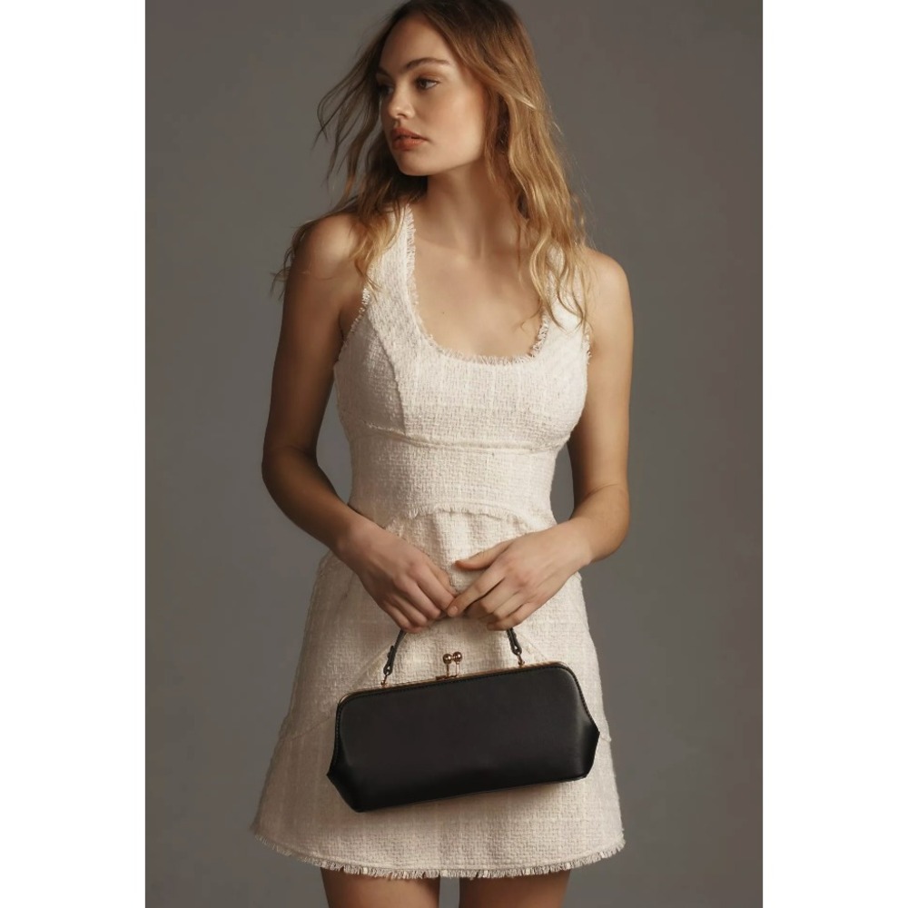 Anthropologie Tweed Mini Dress 00 Ivory Cream Raw Fray Quiet Luxury
